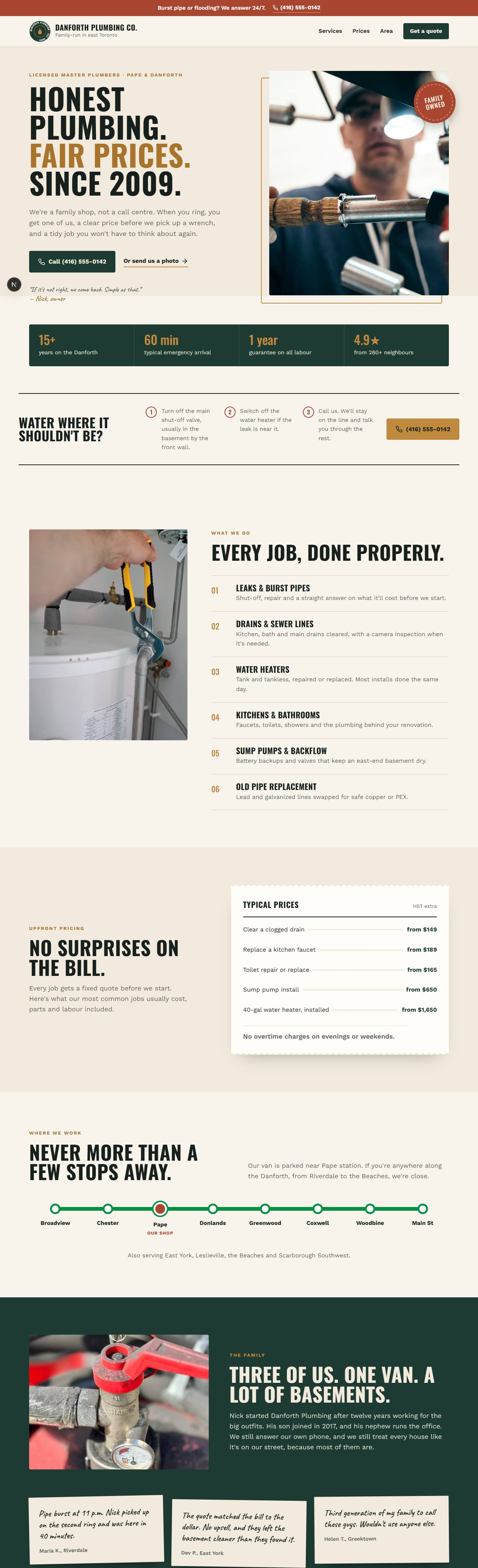 Danforth Plumbing, a plumber website with click-to-call and a price list